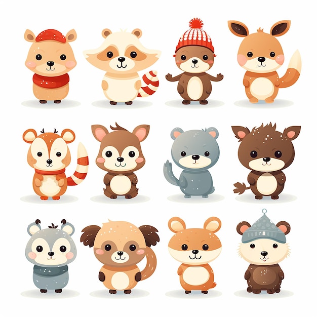 Happy baby animals for Christmas or new year Smiling faces of deer elk fox rabbit bear cat do