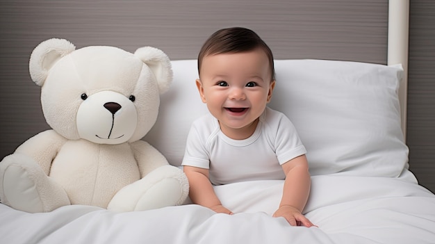 a happy baby boy dressed in a white bodysuit embracing a teddy bear while lying in a crib at home a closeup highlight the sweetness of the moment