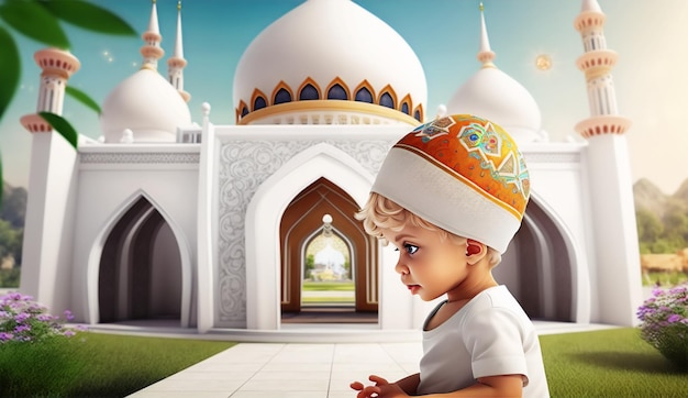 Happy baby boy in front of a mosque eid islamic generative ai