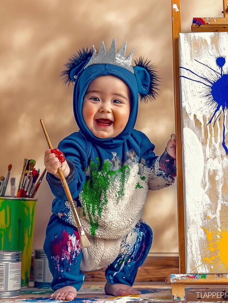 Happy baby boy wearing bear costume painting on canvas