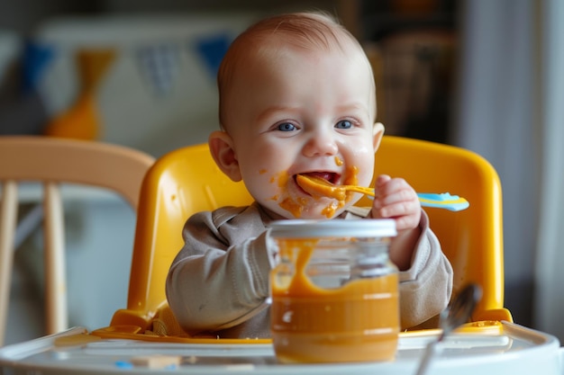 Happy baby eats puree with a spoon from a jar