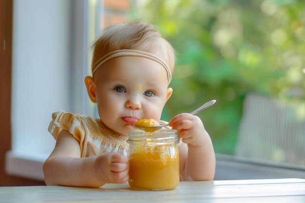 Happy baby eats puree with a spoon from a jar