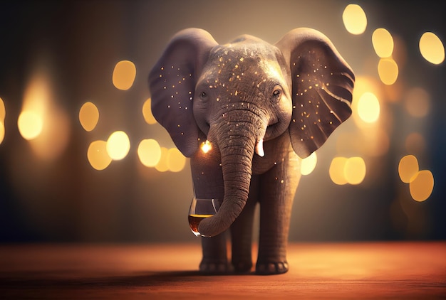 Happy baby elephant holding toasted wine glass in party and golden bokeh light background Animal and wildlife concept Digital art illustration Generative AI