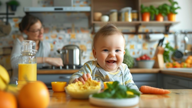 Photo happy baby enjoys homemade baby food in a bright cheerful kitchen setting with fresh ingredients