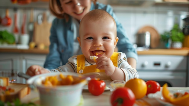 Photo happy baby enjoys homemade baby food in a bright cheerful kitchen setting with fresh ingredients