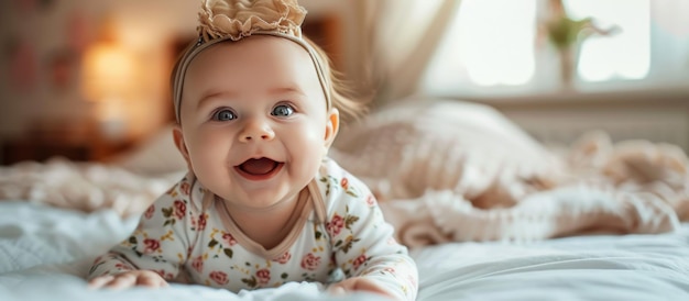 Happy baby girl on a white bed Cute little girl lying on the bed and looking at the camera