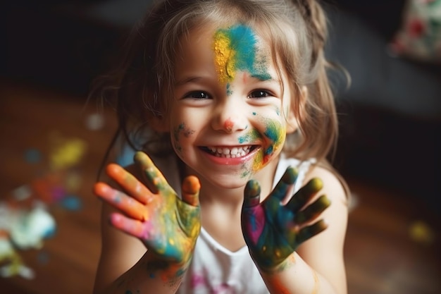 Happy baby girl with colorful paint on her face generative ai