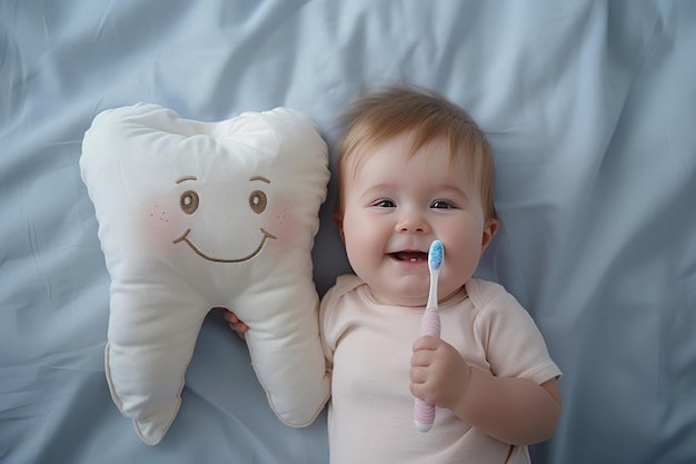 Happy baby lies on a bed holding a toothbrush with a plush tooth beside them