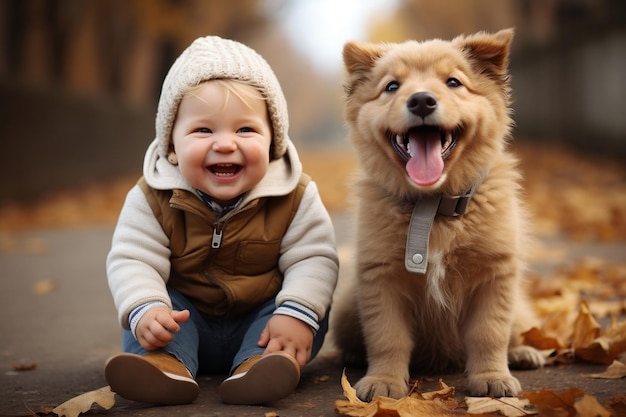 Happy baby playing with dog