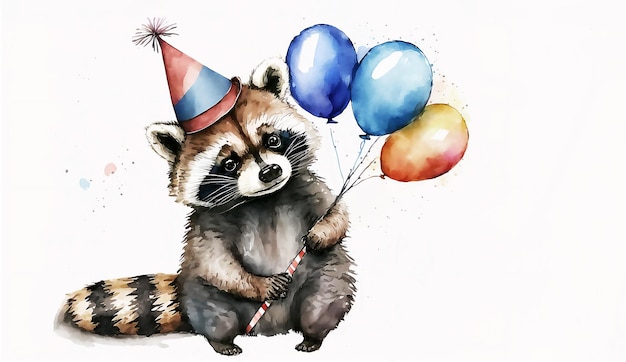 Happy Baby raccoon with balloons Happy Birthday Holiday concept watercolor illustration Generative AI