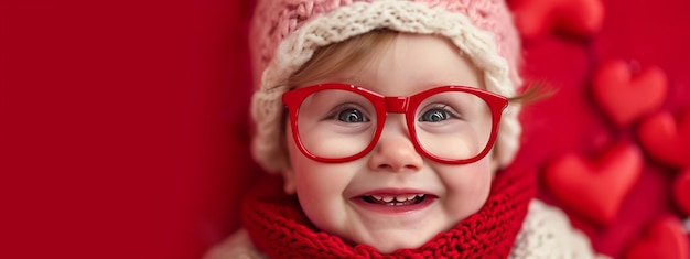 happy baby in red glasses closeup