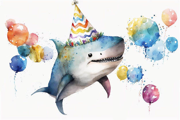 Happy Baby shark with balloons Happy Birthday Holiday concept watercolor illustration Generative AI