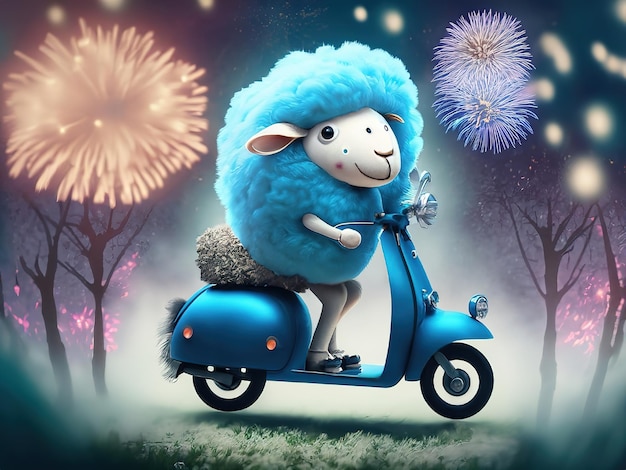 happy baby sheep driving with adorable smile in pixar style