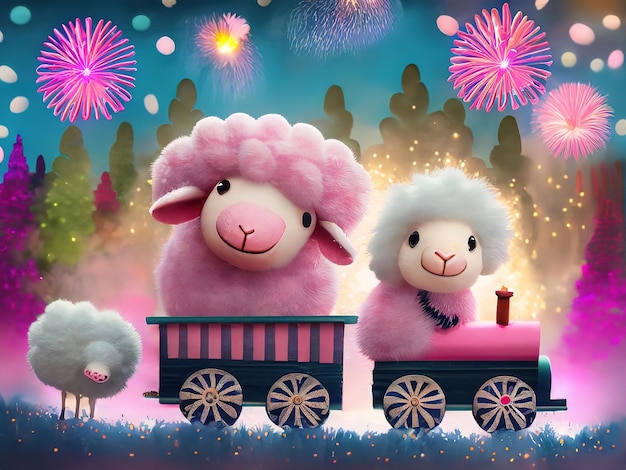 happy baby sheep driving with adorable smile in pixar style