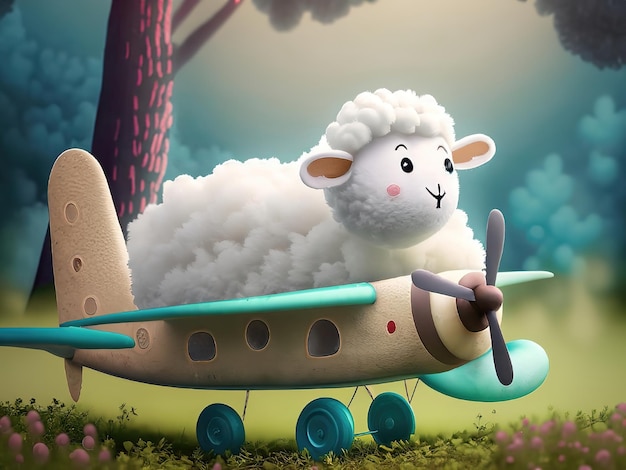 happy baby sheep driving with adorable smile in pixar style