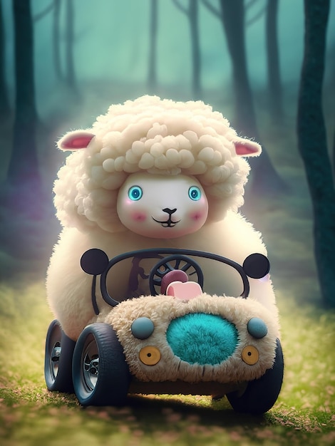 happy baby sheep driving with adorable smile in pixar style