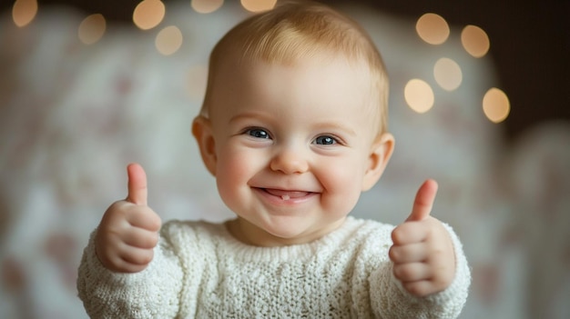 Photo happy baby showing thumbs up and smiling at the camera