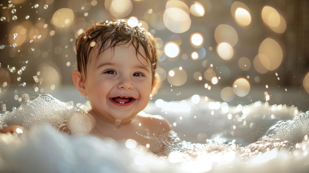 Happy baby splashing in a bubbly bath their laughter filling the room with pure delight