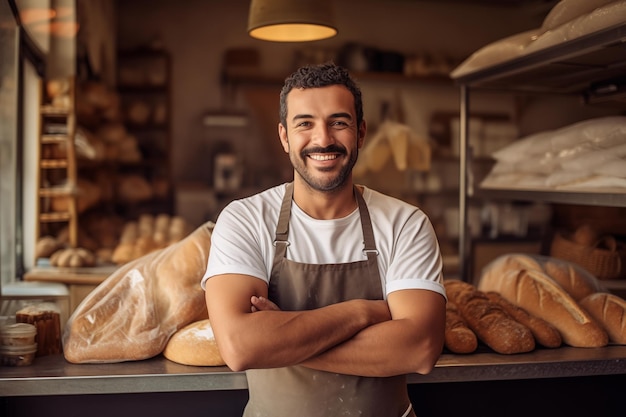 Happy Baker Standing in Front of Freshly Baked Bread in His Shop