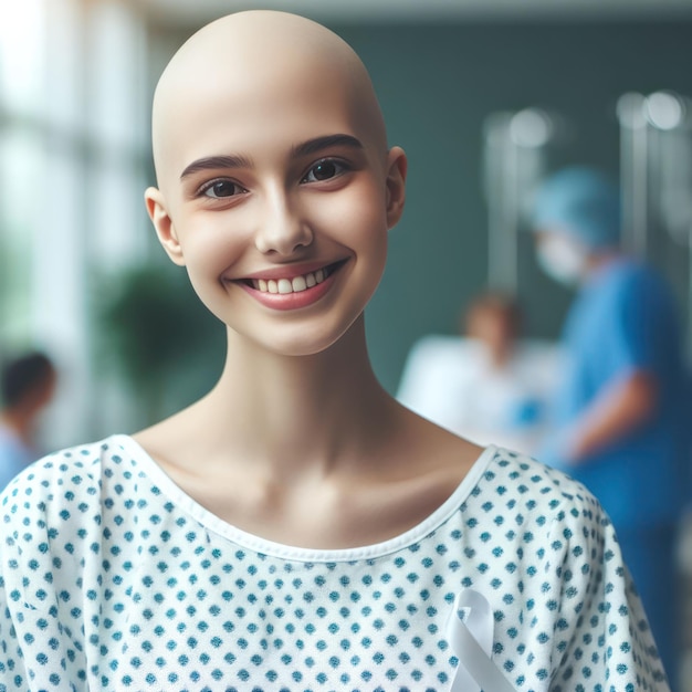 Happy bald cancer patient looking at the camera with a blurred hospital background