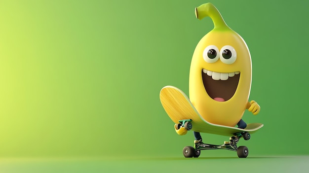 A happy banana cartoon character is skateboarding on a green background