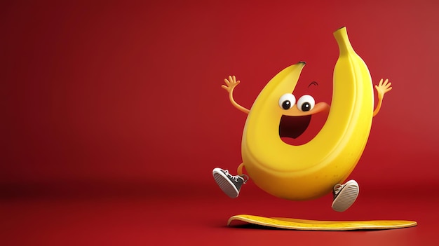 Photo a happy banana with arms and legs is jumping in the air