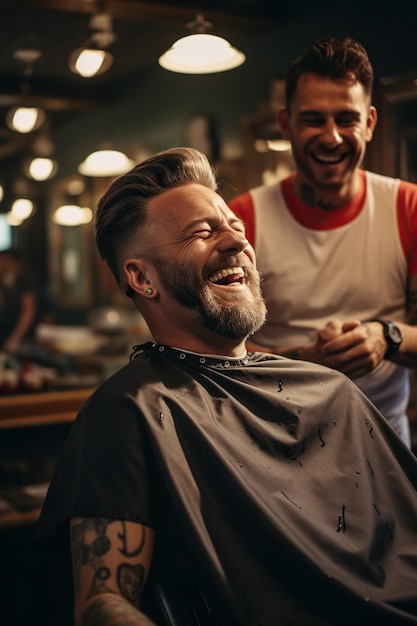 A happy barber giving a haircut to a handsome happy male client in a professional barbershop