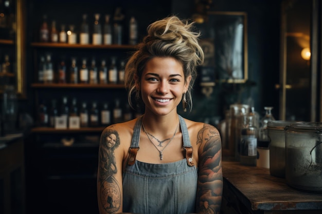 happy barber woman in front of mirror selling hair care supplies