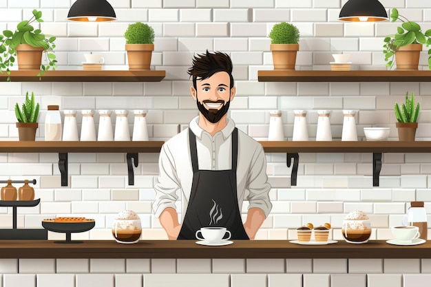 Happy Barista in Plant Filled Coffee Shop with Shelves of Cups and Equipment