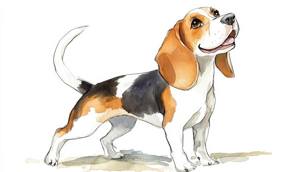 Happy beagle standing confidently with a joyful expression against a plain background showcasing its adorable features