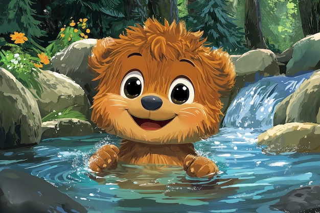 Happy Bear Cub Playing in a Stream