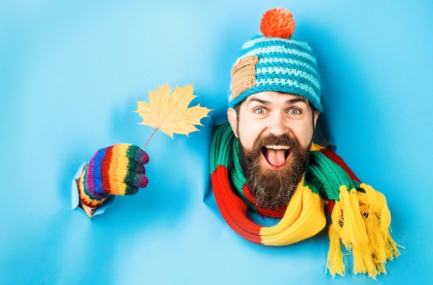 Happy bearded man in hat and scarf with maple leaf in hand looking through hole autumn mood