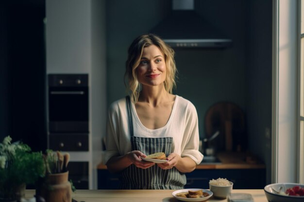 Photo a happy beautiful blonde woman looking away while having breakfast at home in the morning a smiling