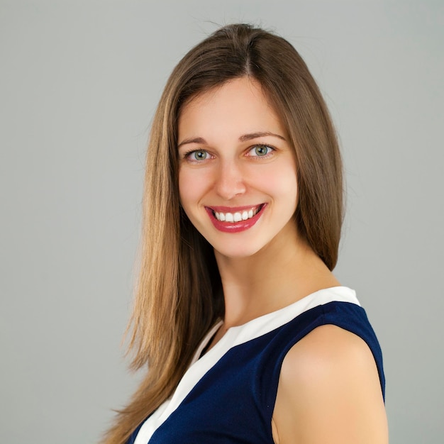 Happy Beautiful brunette woman face close up portrait young isolated on gray background