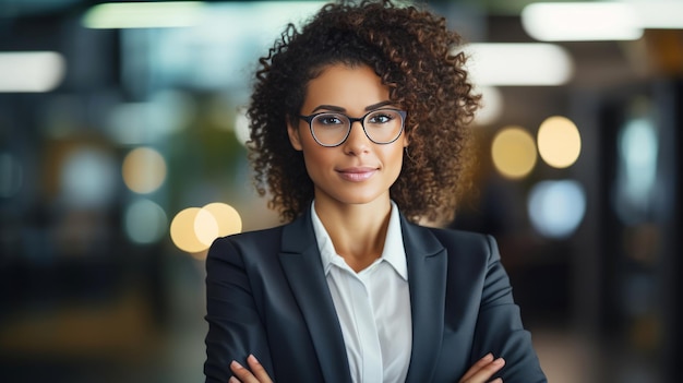 Happy beautiful business woman in office arms crossed