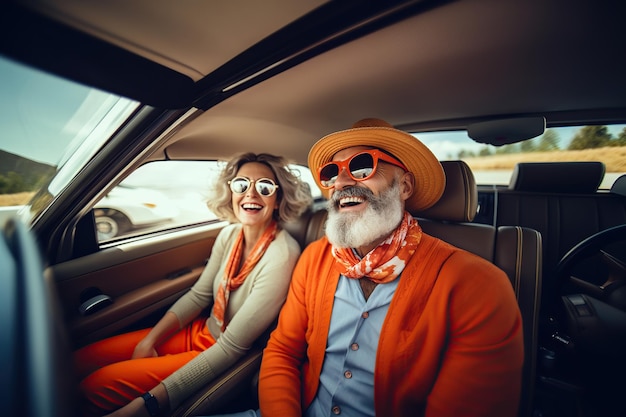 Happy beautiful couple driving a car