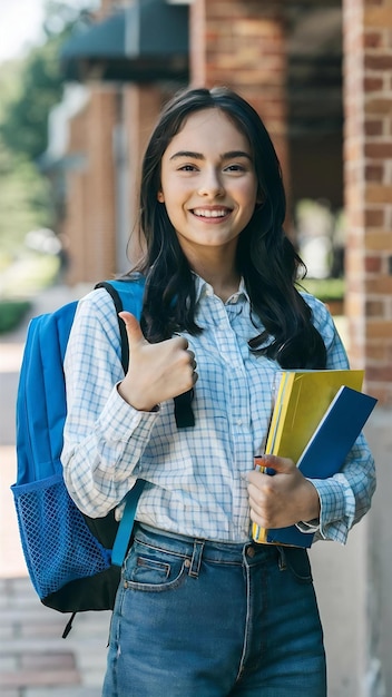 Happy beautiful girl standing with note books and backpack showing thumb up and smiling