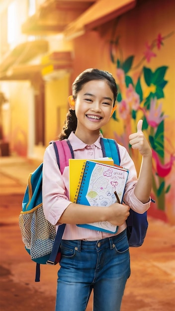 Happy beautiful girl standing with note books and backpack showing thumb up and smiling