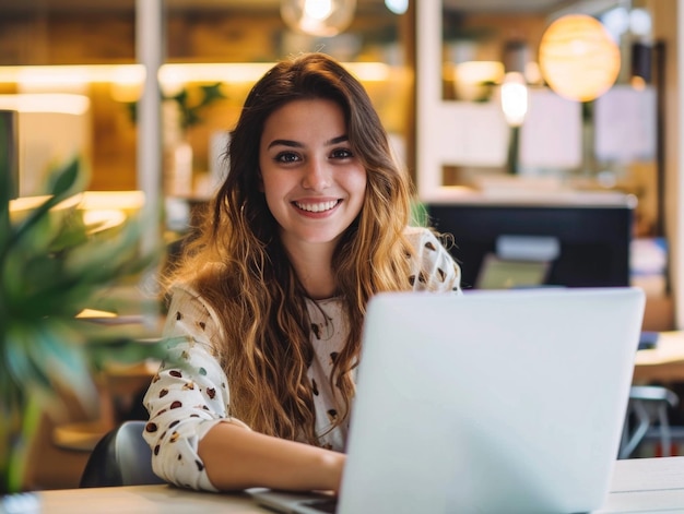 Happy beautiful girl using laptop in office