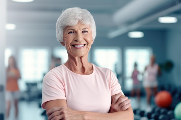 Happy beautiful granny in the gym