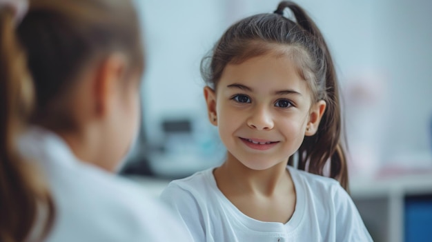 Happy beautiful kid girl at doctors appointment pediatrician routine checkup at modern pediatric clinic