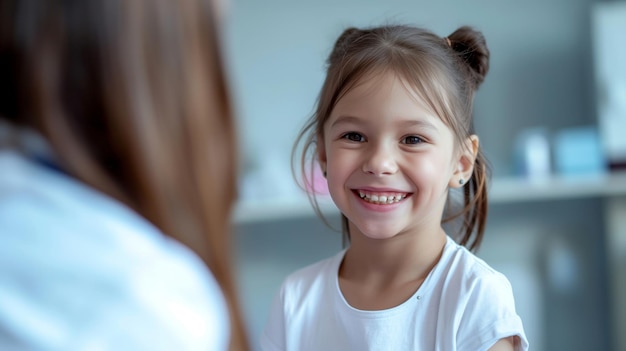 Happy beautiful kid girl at doctors appointment pediatrician routine checkup at modern pediatric clinic