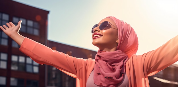 Happy beautiful Muslim woman in a Hijab standing in a city street background celebrating