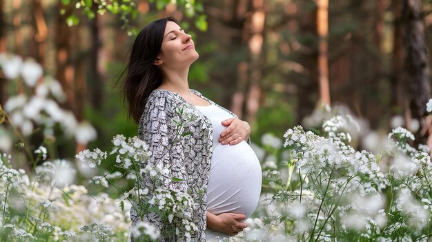 Photo happy beautiful pregnant woman with eyes closed