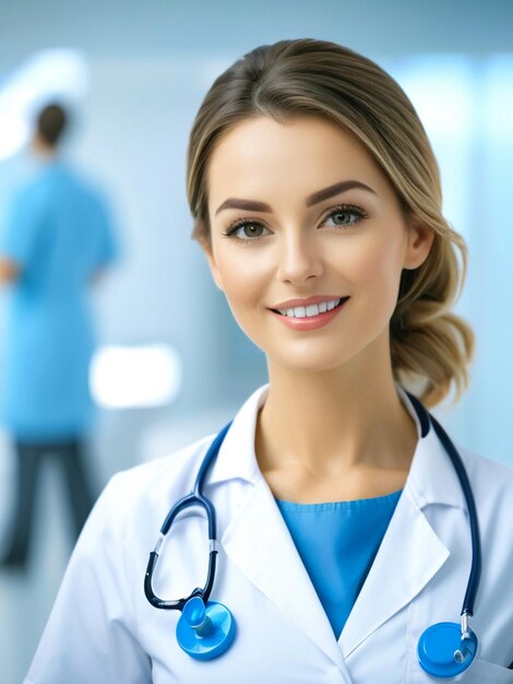 A Happy beautiful woman doctor wear blue uniform white medical coat stethoscope and looking at