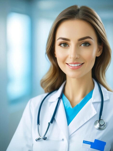 A Happy beautiful woman doctor wear blue uniform white medical coat stethoscope and looking at