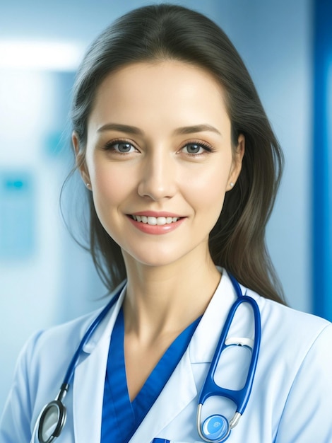 A Happy beautiful woman doctor wear blue uniform white medical coat stethoscope and looking at