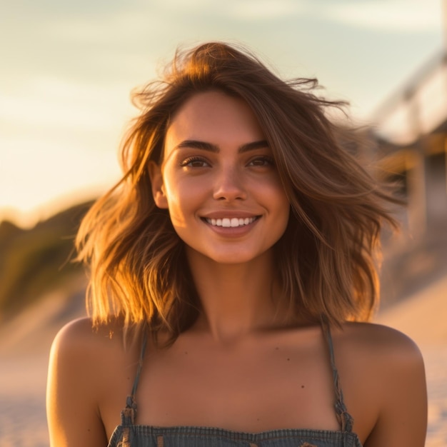 Happy Beautiful young woman is smiilng on the beach