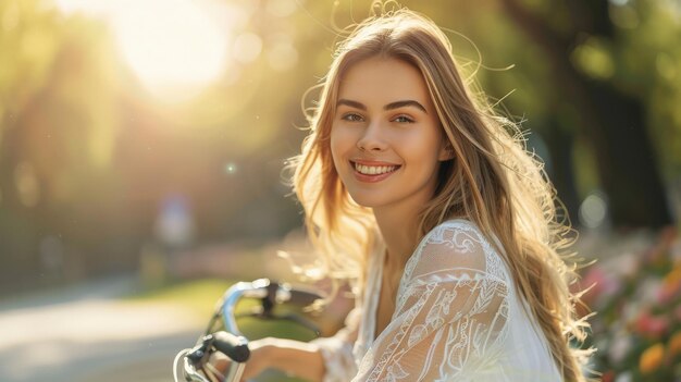 Photo happy beautiful young woman riding bicycle in city spring park outdoor active urban lifestyle