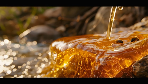 Photo happy beehive next to honey stream resembling the delightful flow of a joyful river